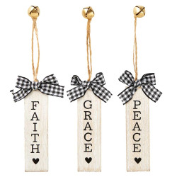 Grace, Faith, Peace Wood Plank Ornaments (3 Asst) - 12/pk
