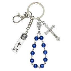 Blue Pearl One Decade Rosary with Holy Water Bottle Key Ring - 4/pk