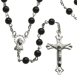 Black Round Pressed Glass Rosary - 12/pk