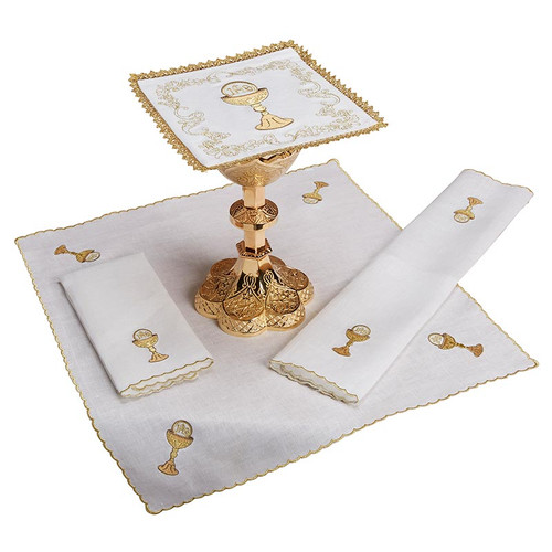 Embroidered Chalice and Host Lace Trim Altar Linen Gift Set