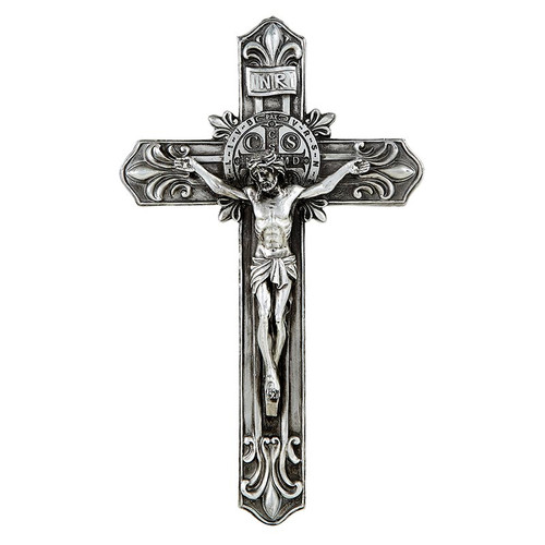 St. Benedict Antique Silver Fleur-di-Lis Wall Crucifix