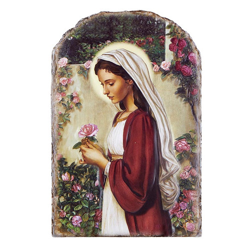 Madonna of The Roses Arched Tile Plaque with Wire Stand