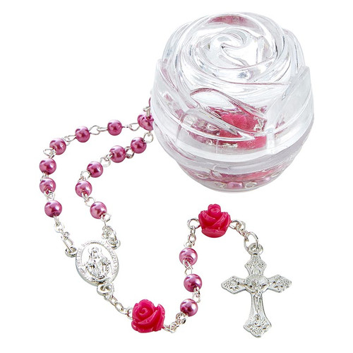 Fuschia Pearl and Rose Rosary in Case - 8/pk