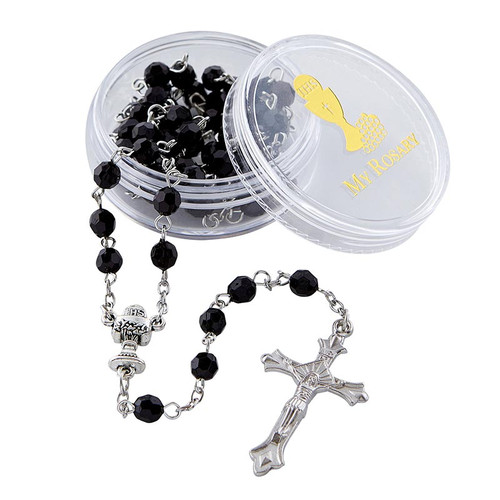 First Communion Black Faceted Rosary with Case - 10/pk