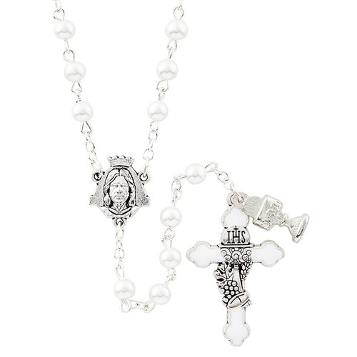 White Enamel First Communion Rosary - 6/pk