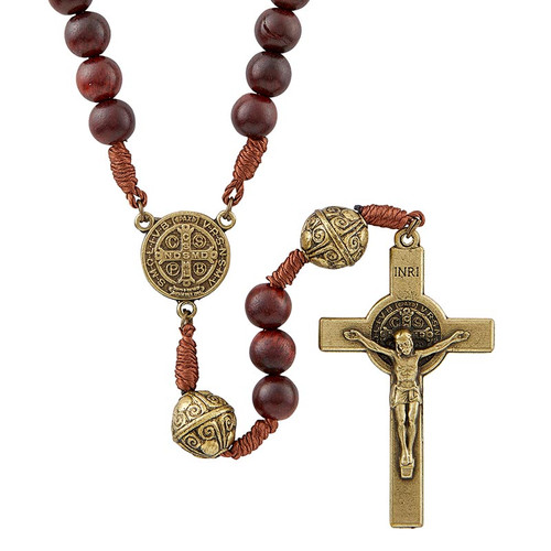 Monte Cassino Collection - Wood Cord Rosary With Metal Engraved Bead