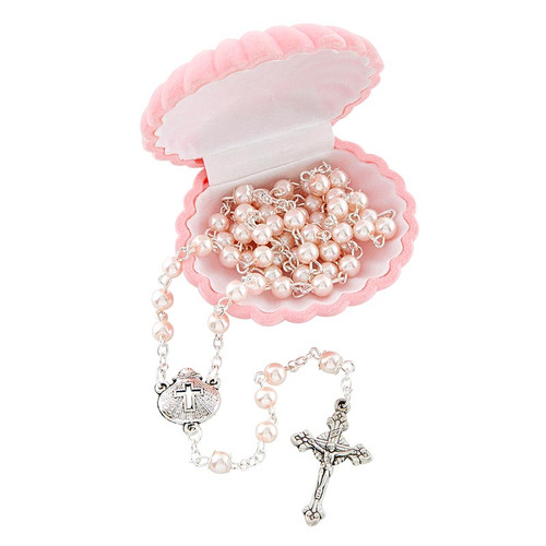 Pink Pearl Rosary with Baptismal Shell Case - 4/pk