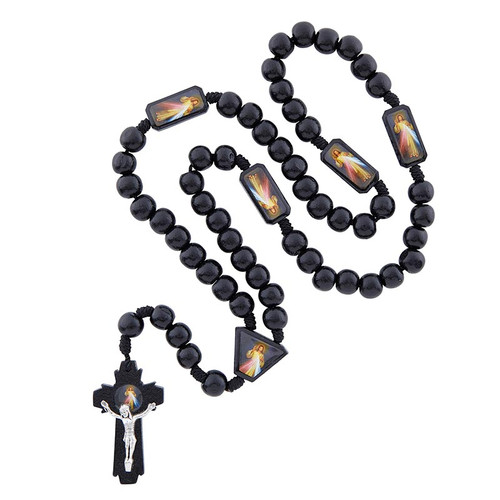 Black Deluxe Divine Mercy Cord Rosary - 8/pk