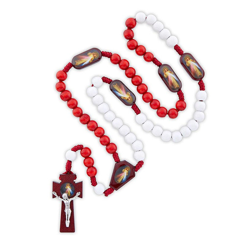 Red/White Deluxe Divine Mercy Cord Rosary - 8/pk