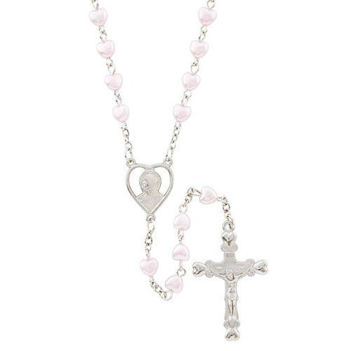Pink Pearlized Heart Rosary - 12/pk