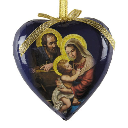 Adoring Holy Family Heart Shaped Decoupage Ornament - 6/pk