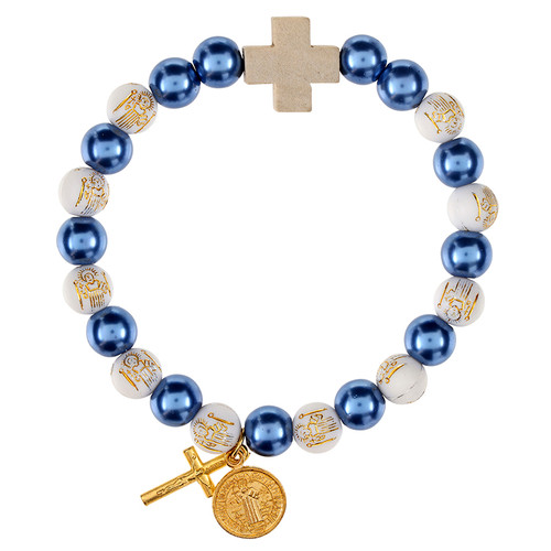 St. Benedict Bead and Blue Pearl Rosary Bracelet - 12/pk