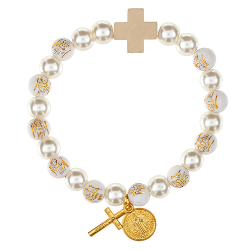 St. Benedict Bead and Ivory Pearl Rosary Bracelet - 12/pk
