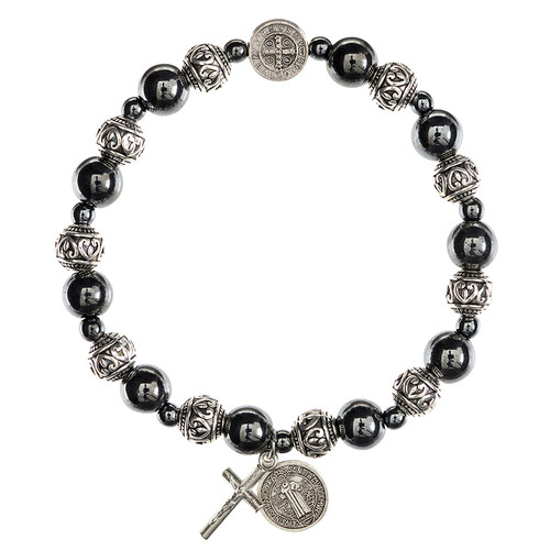 St. Benedict Hematite and Bali Bead Rosary Bracelet - 10/pk