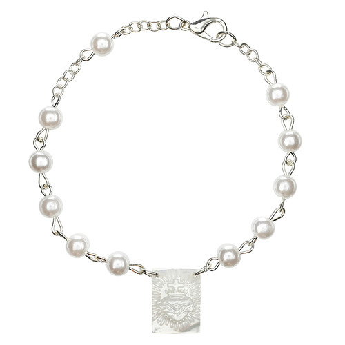 Imit. Pearl Sacred Heart Scapular Rosary Bracelet - 2/pk