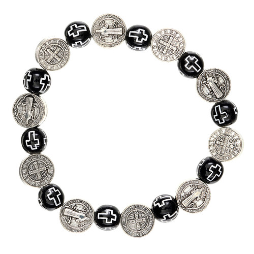 St. Benedict Black Cross Bead and Medals Rosary Bracelet - 12/pk