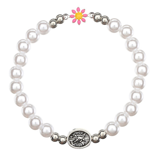 Imit. Pearl Daisy Guardian Angel Rosary Bracelet - 12/pk
