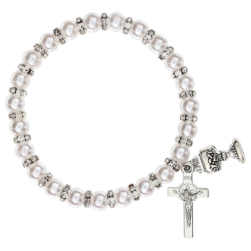 First Communion White Pearl and Crystal Rondelle Bracelet - 12/pk