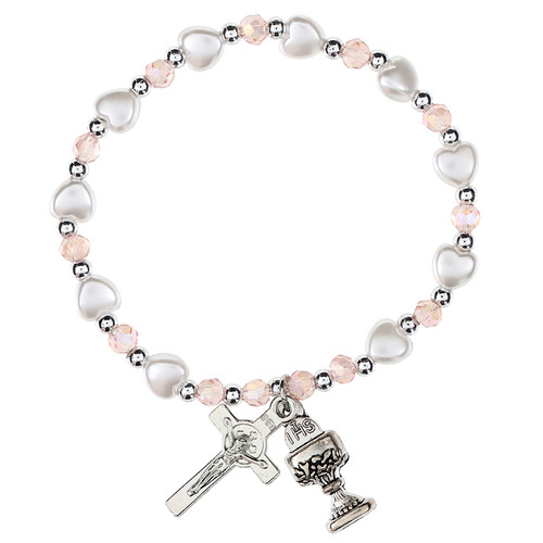 White Heart and Pink Crystal First Communion Bracelet - 12/pk