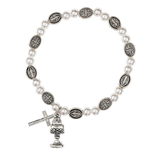 White St. Benedict First Communion Pearl Rosary Bracelet - 12/pk