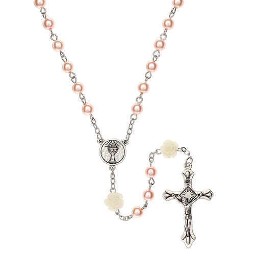 Pink Pearl and Flower First Communion Rosary - 9/pk