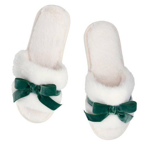 Plush Velvet Bow Slippers - Ivory + Forest Green Velvet Bow