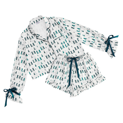 Cropped + Ruffled Short PJ Set With Velvet Ties - Ivory + Forest Green FALALA
