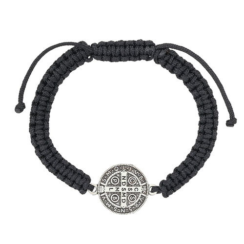 Large Black St. Benedict Macrame Medal Bracelet - 12/pk