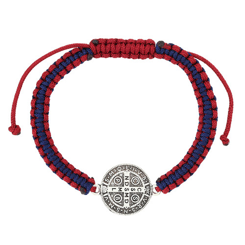 Large Blue and Red St. Benedict Macrame Medal Bracelet - 12/pk