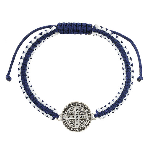 Large Blue and White St. Benedict Macrame Medal Bracelet - 12/pk