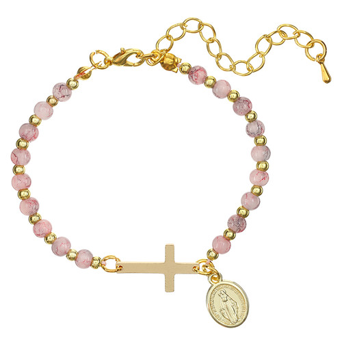 Pink Marbled Miraculous Medal and Cross Bracelet - 12/pk