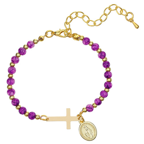 Purple Marbled Miraculous Medal and Cross Bracelet - 12/pk