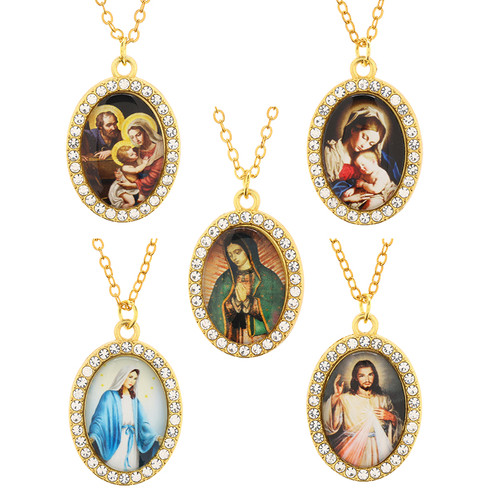 Gold Crystal Devotional Pendant Assortment (5 Asst) - 20/pk