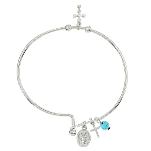 Silver Miraculous Medal and Cross Bangle Bracelet - 8/pk