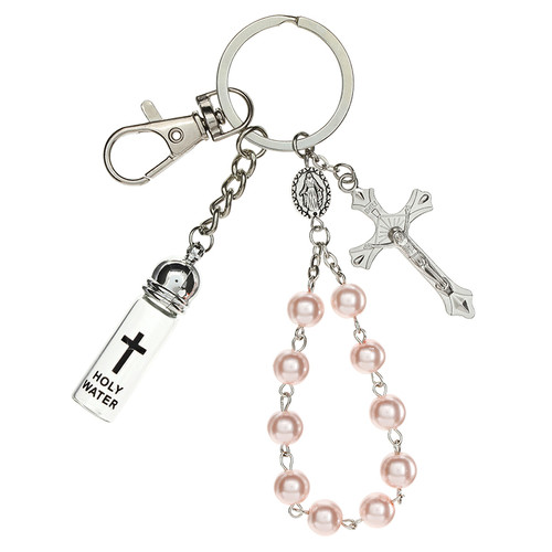Pink Pearl One Decade Rosary with Holy Water Bottle Key Ring - 4/pk