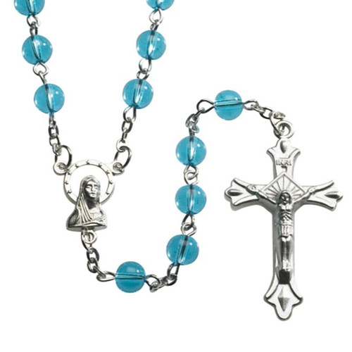 Aqua Round Pressed Glass Rosary - 12/pk