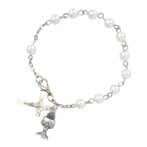 First Communion Imit. Pearl Rosary Bracelet - 12/pk