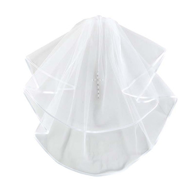 Satin Bow Headband W/ Pearl Cross First Communion Veil - F2022