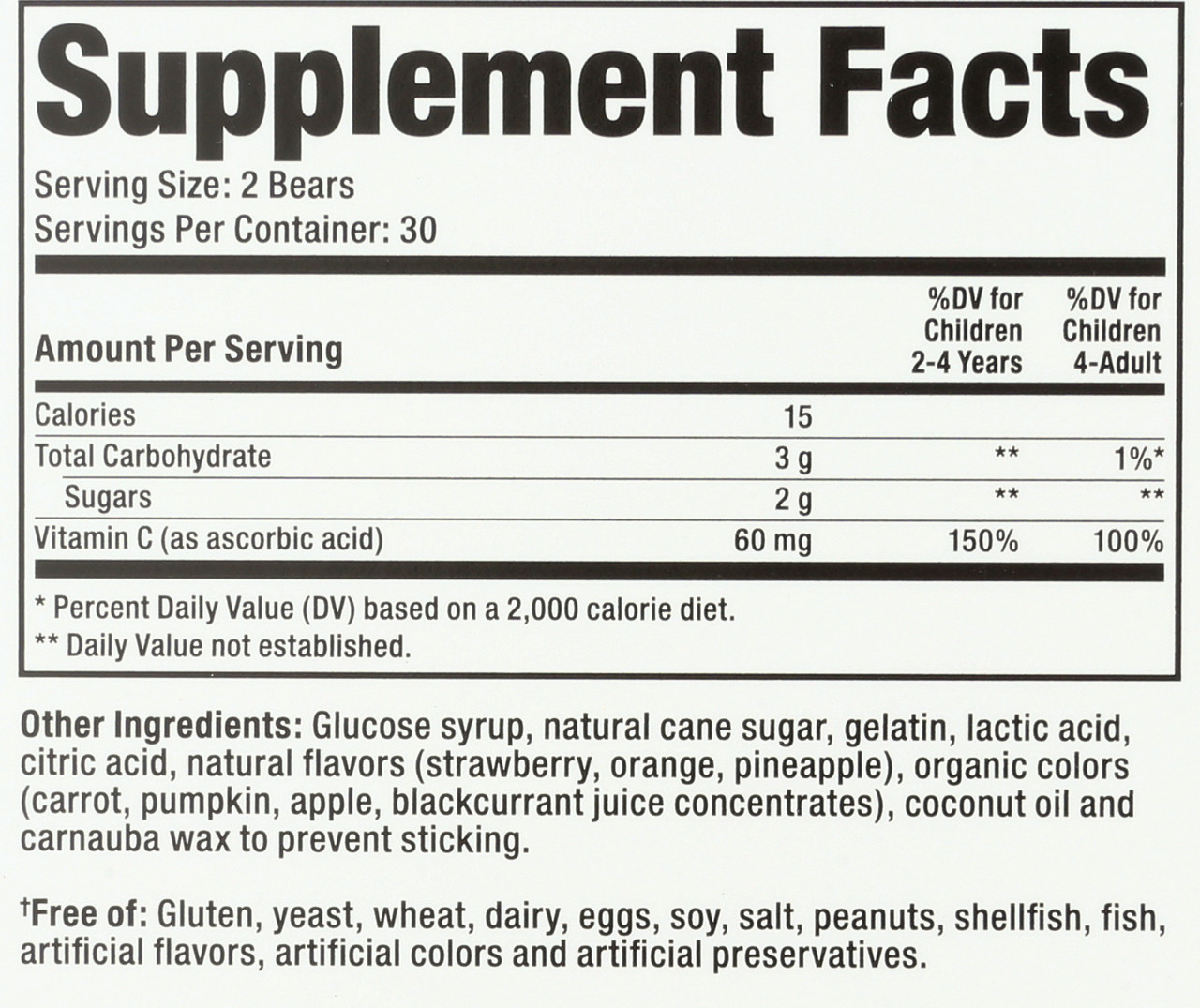 Vitamin C All Natural Fruit Flavors & Colors Antioxidant Power & Immune Health 60 Gummy Bears