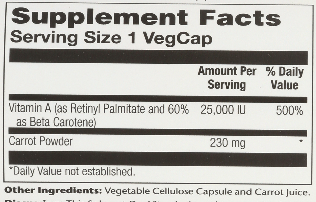 Vitamin A, Dry Form 25,0000 IU Beta Carotene & Retinyl Palmitate 60 Vegetarian Capsules