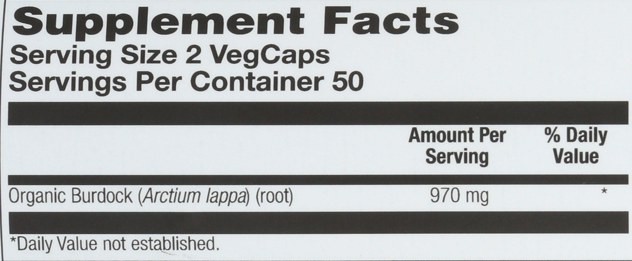 Organically Grown Burdock Root 100 Vegetarian Capsules