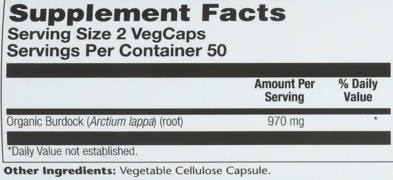 Organically Grown Burdock Root 100 Vegetarian Capsules