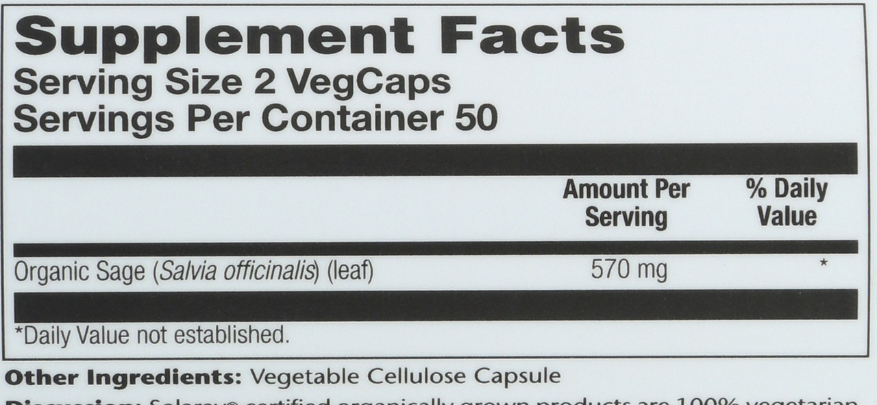Organically Grown Sage Leaf 100 Vegetarian Capsules