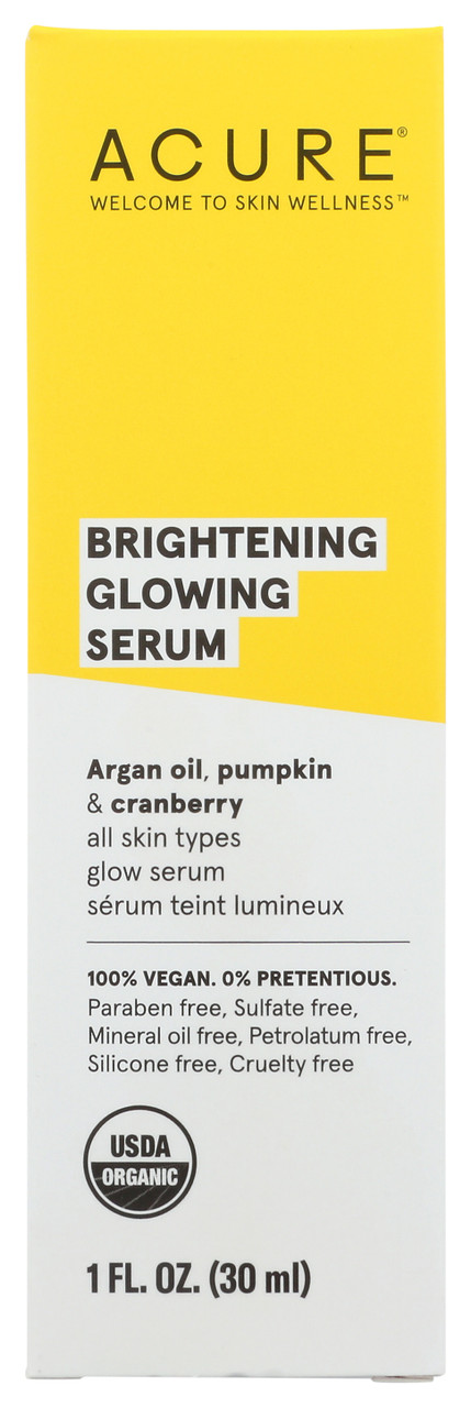 Brightening Glowing Serum With Argan Oil, Pumpkin & Cranberry, For All Skin Types. Get Ready For A Dose Of Concentrated, Targeted Organic Bliss While Benefit-Rich Nutrients Deliver Radiant Results. Argan Oil Restores Moisture, Borage Oil Soothes And
