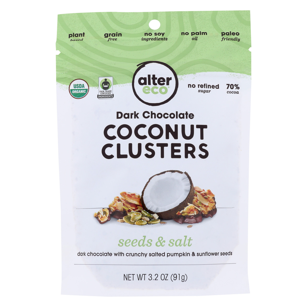 Dark Chocolate Coconut Clusters Seeds + Salt Organic, 70% Cocoa 3.2oz