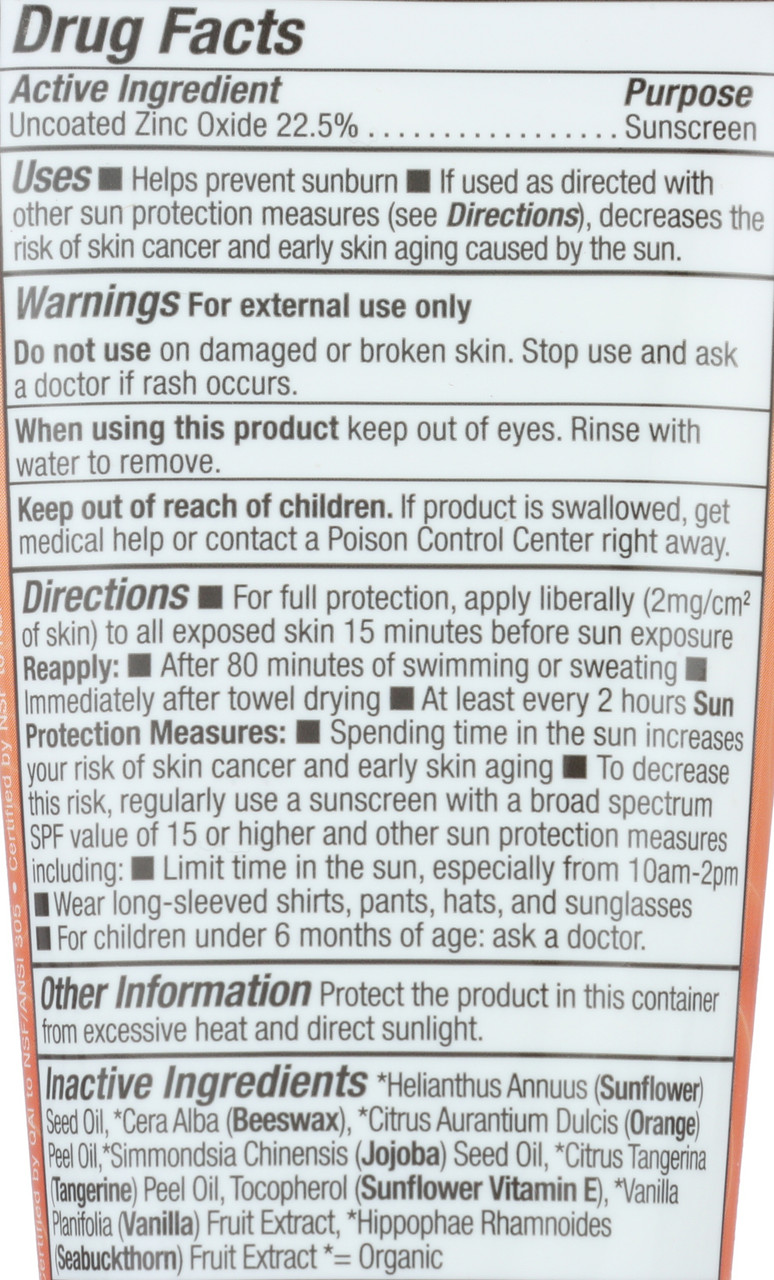 SPF 40 Kids Clear Zinc Sunscreen Cream Tangerine & Vanilla Non-Gmo 87mL