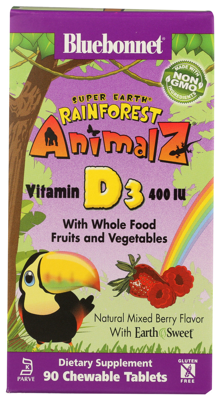 Super Earth® Rainforest Animalz® Vitamin D3 400 IU Natural Mixed Berry Flavor With Whole Food Fruits And Vegetables 90 Count