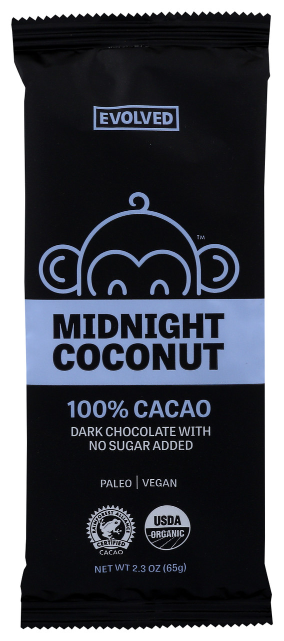 Dark Chocolate Bar Midnight Coconut 100% Cacao 2.3oz