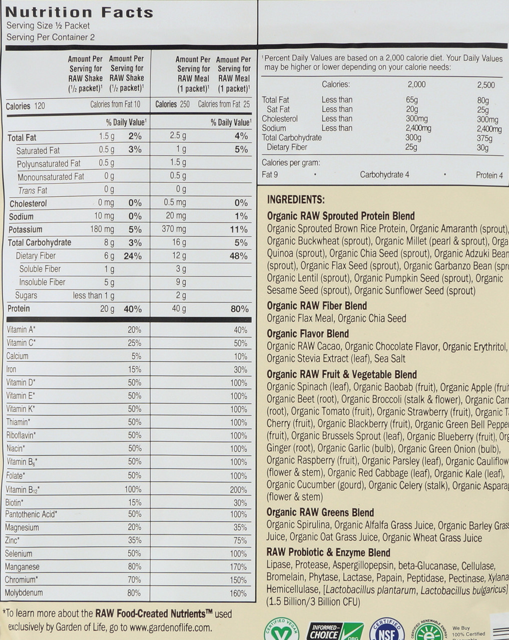 Protein Raw Organic Meal Choc. Pkt 2.5oz