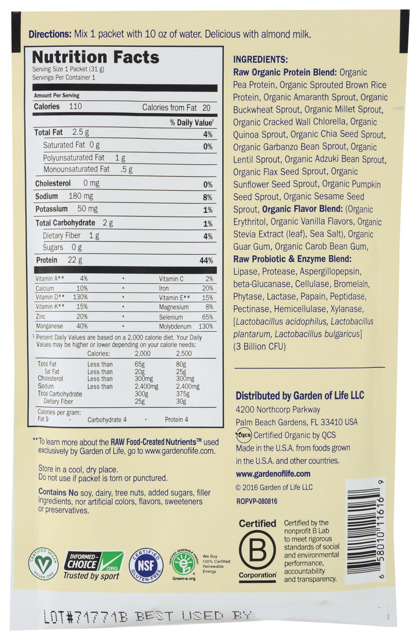 Protein Raw Organic Protein Vanilla Pkt 1.1oz